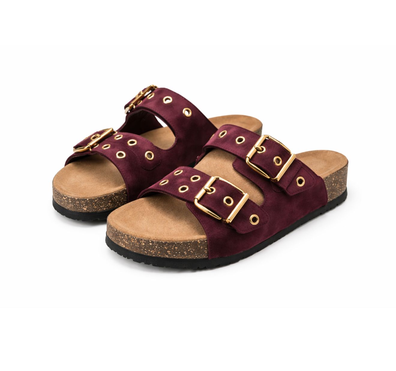 burgundy two-strap buckle sandal