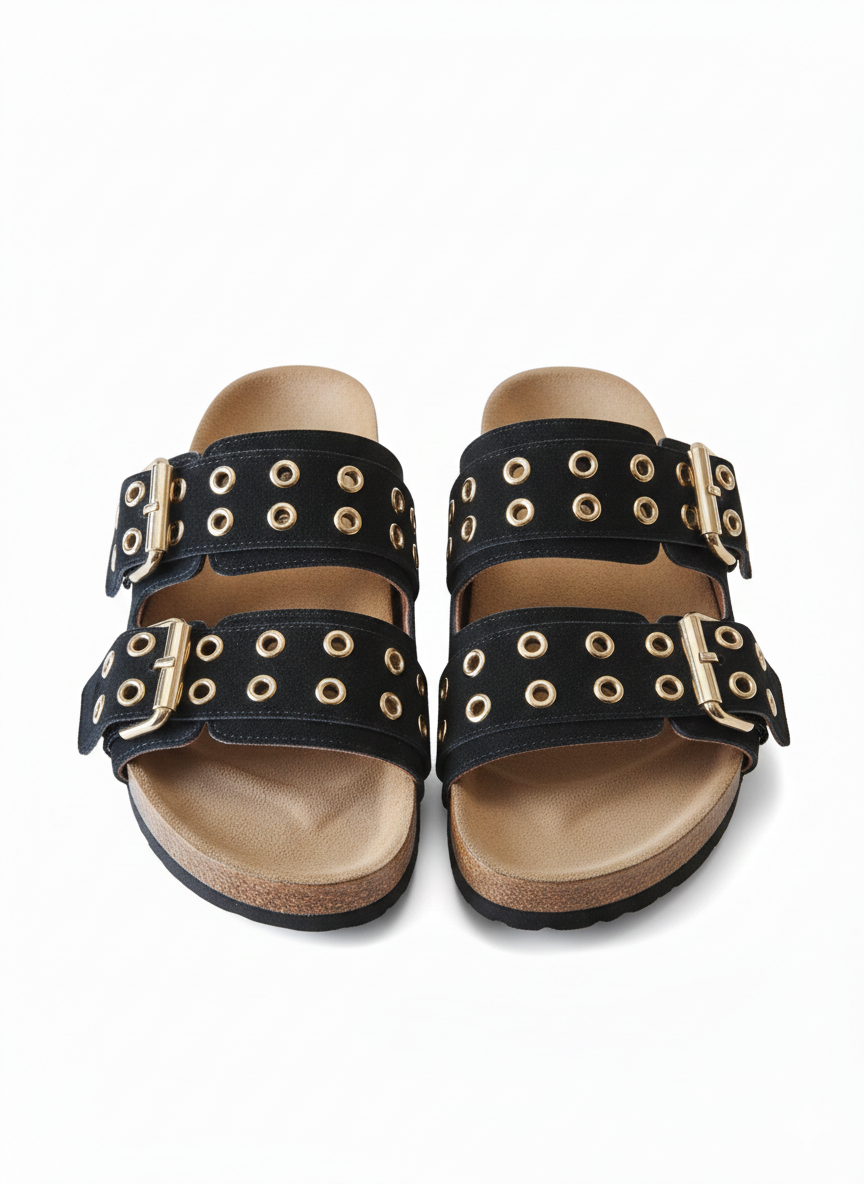 Black two-strap buckle sandal