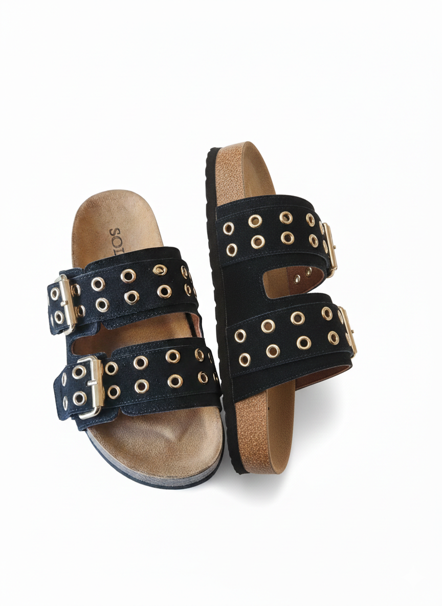 Black two-strap buckle sandal