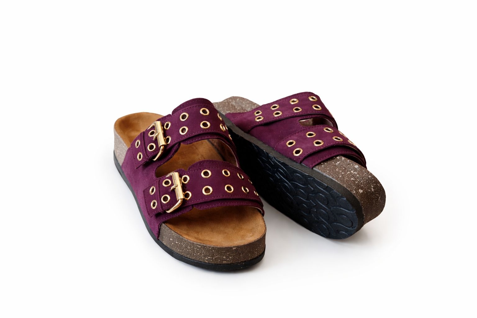 burgundy two-strap buckle sandal